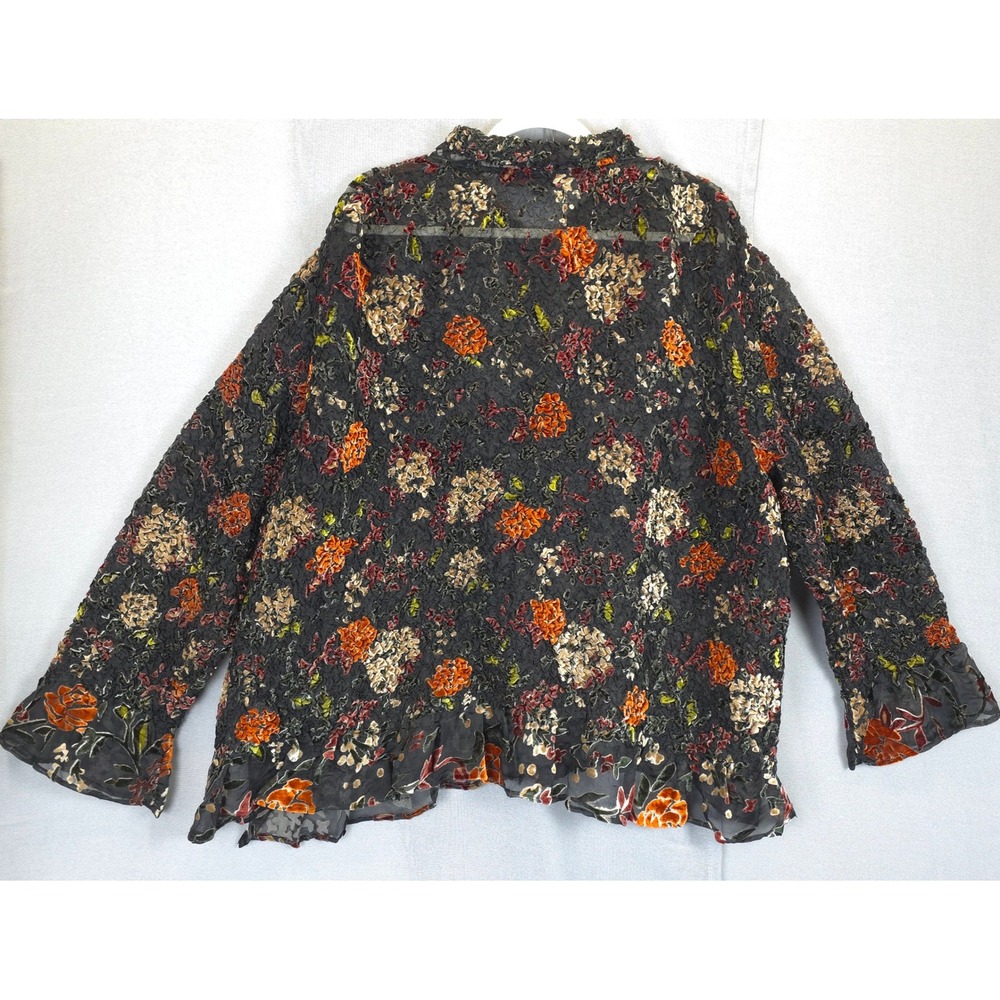 Pleats Collection Blouse Floral Velvet Burnout Sheer Button Women 3X Black Brown